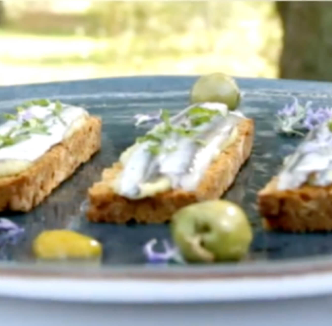 Receta de boquerones marinados en cítricos sobre tostas de pan de tomate y humus de aceituna manzanilla